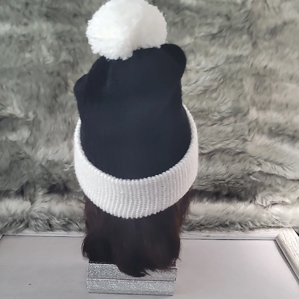 Handmade Woman's Black & White Beanie with pom pom.